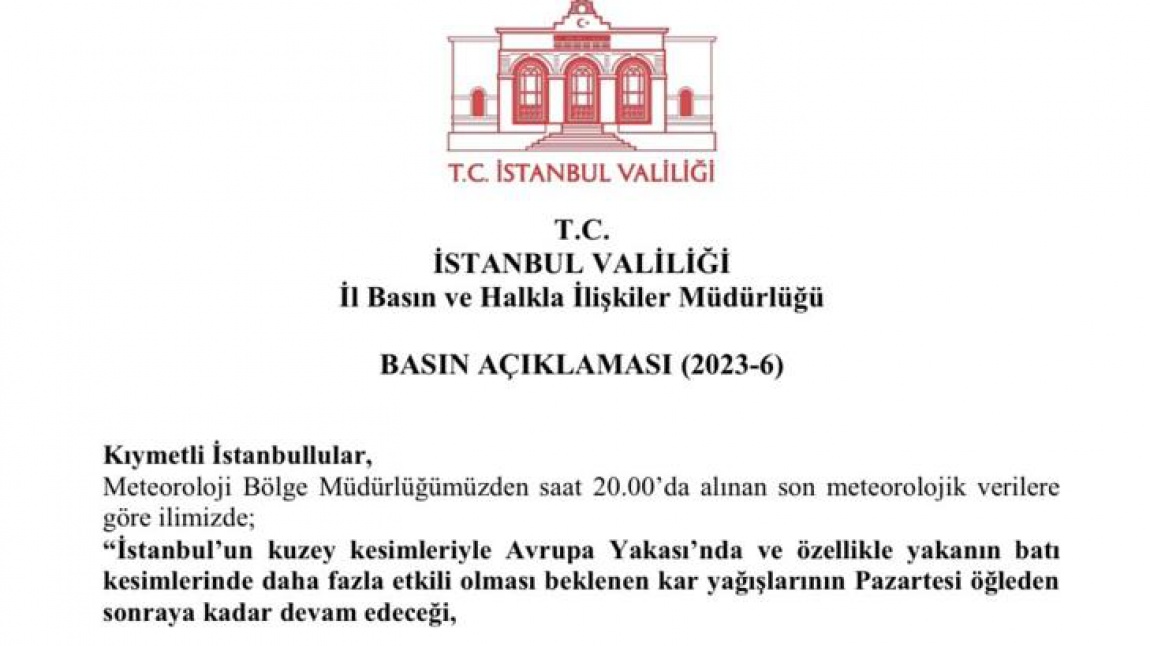 6 Şubat 2023 Tarihinde Okullar Tatil
